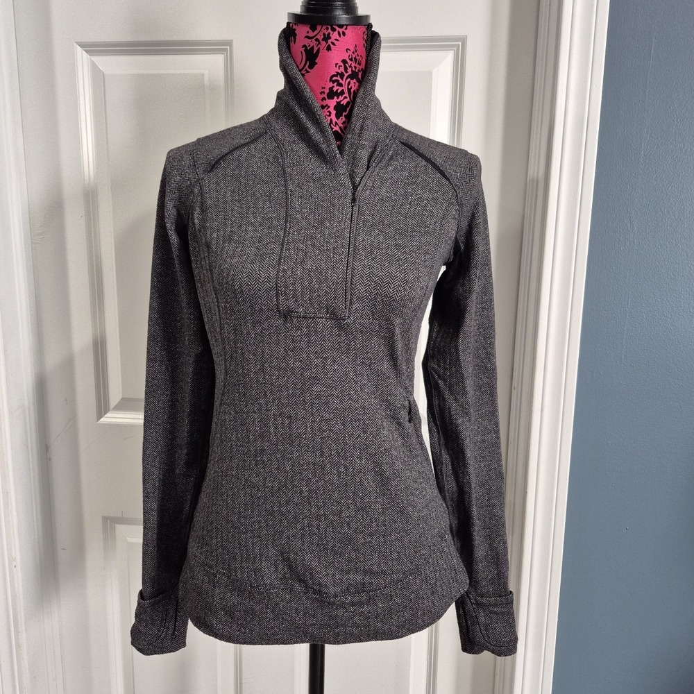 Lululemon Jacket Womens 6 Gray Black Herringbone Running 1/4 Zip Thumbholes‎